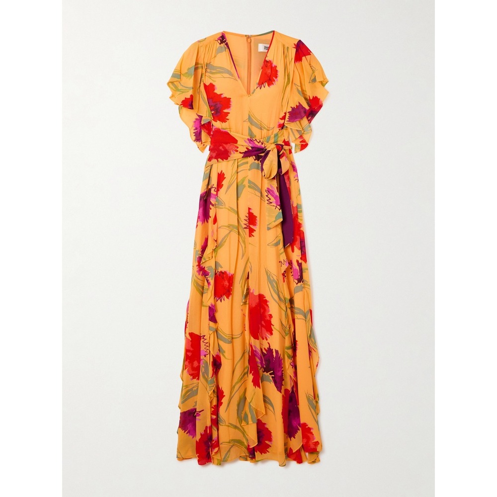 Diane von Furstenberg DVF Orange Floral Ruffle Maxi Dress XL Flutter Sleeve Sash